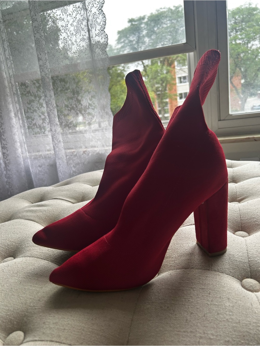 Women's Red Pointed Sock Booties - Sleek High Block Heel